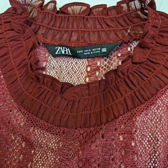 Zara‎ Burgundy Sheer Lace Top - Picture 6 of 10